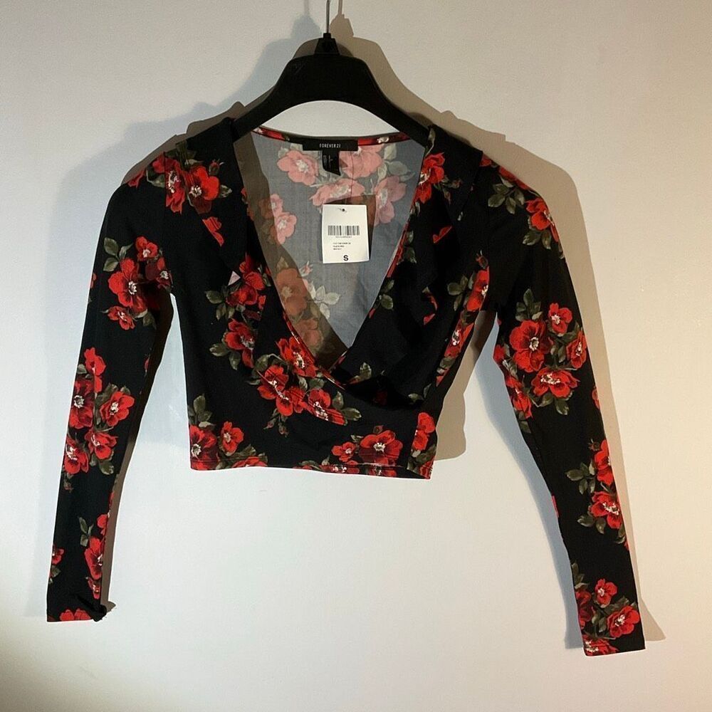 Y2k Floral longsleeve Faux Wrap Cropped V neck With frill hem Knit Top, S